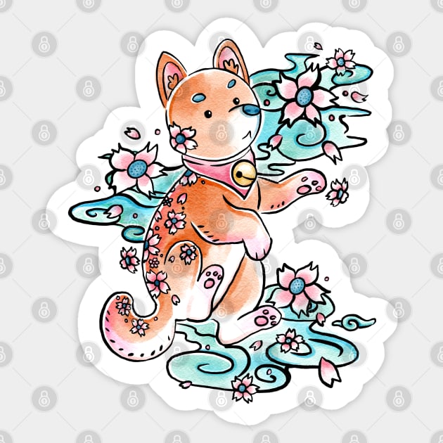 Shiba Inu with Cherry Blossoms in Watercolor Sticker by narwhalwall